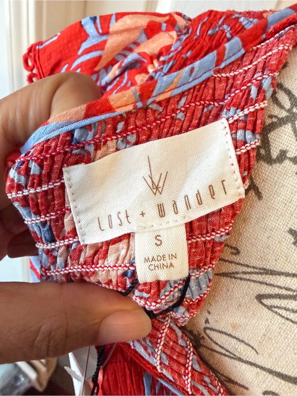 Anthropologie Red Midi Dress with Blue and Cream Leaf Print - Picture 6 of 7